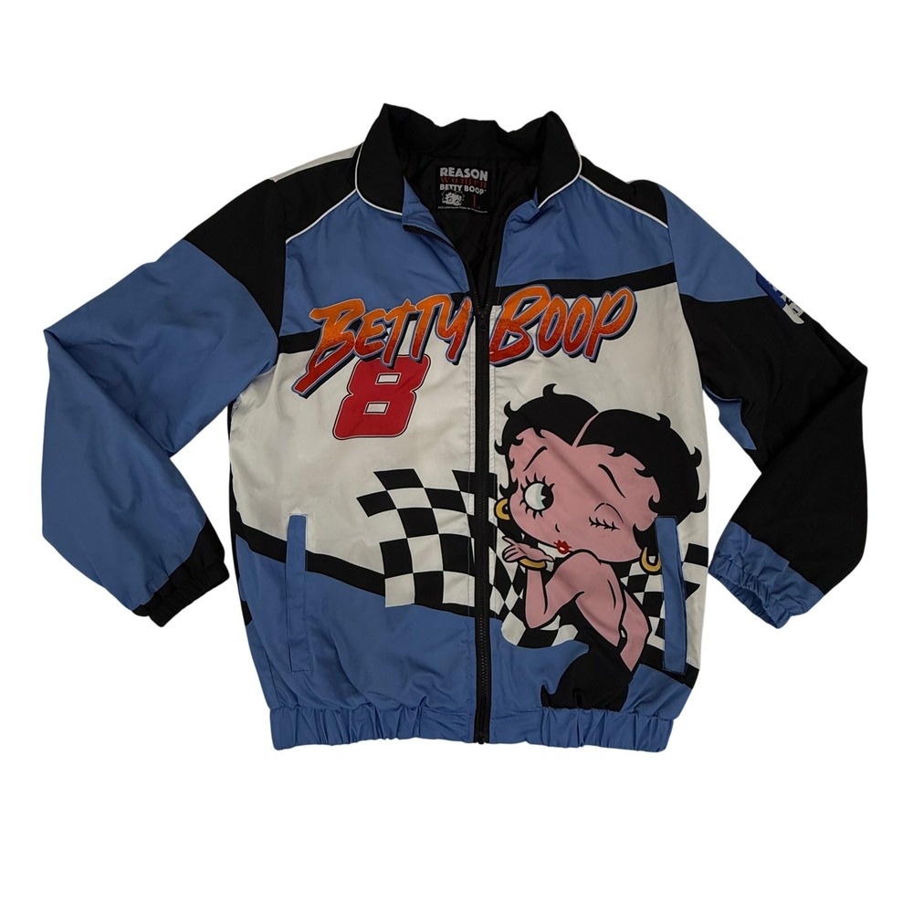 Betty‎ Boop x Reason Jacket Womens Large Blue Racing Bomber Windbreaker Damaged